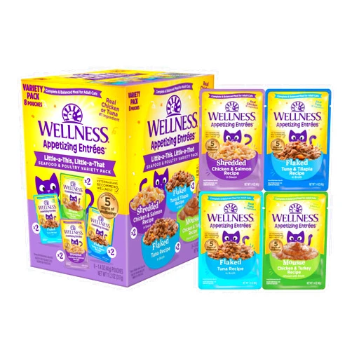 Wellness® Appetizing Entrées™ Little-a-This, Little-a-That, Seafood & Poultry Variety Pack, Natural Wet Cat Food, 1.4 oz Pouch (Pack of 8)