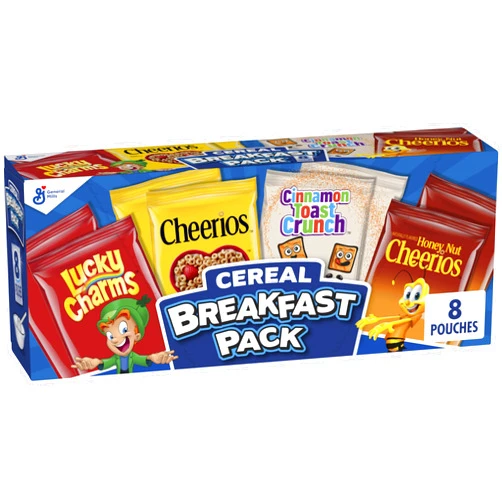 General Mills Breakfast Cereal Variety Pack, Lucky Charms, Cinnamon Toast Crunch, and Cheerios Varieties, Single Serve Snacks, 9.14 oz (8 Pouches)