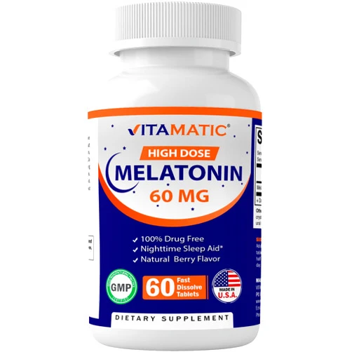 Vitamatic Melatonin 60mg Fast Dissolve Tablets - 60 Vegan Natural Berry Flavor Tablets - Non-Habit Forming - Non-GMO, Gluten Free (1 Bottle)