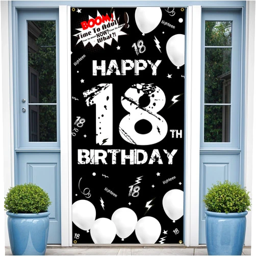 PHXEY Fabric 18th Birthday Backdrop Banner Black White, Happy 18th Birthday Decoration for Men Women, 18 Year Old Birthday Party Yard Sign Photo Props Door Decor Supplies for Outdoor Indoor