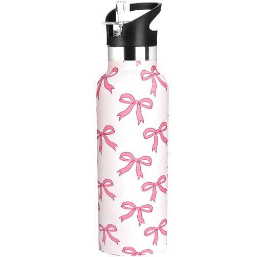Bofemgt Pink Bow Sport Water Bottle with Straw, Vacuum Insulated Stainless Steel Thermal Drinking Travel Mug Cups For Gym Fitness Camping-20oz/600ml