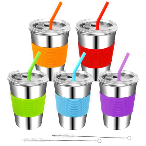 Rommeka Toddler Cups with Straws, 18/8 Stainless Steel Children Smoothie Drinking Sippy Cups, Stacking & Reusable Kids Cups with Straws and Lids, 5 Pack, 12oz