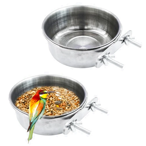 Ohtum 2Pcs Medium Ohtum Bird Bowls for Cage Stainless Steel, Parakeet Feeding Dish Cups with Clamp Holder, Hanging Hamster Foraging Food & Water Bowl for Parrot Cockatiel Budgies Bunny Hedgehog (2 Pack M