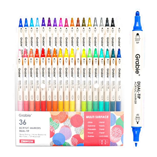 Grabie 36 Colors Dot Paint Acrylic Paint Pens, Acrylic Paint Markers Dual Tip (Fine 1mm + Dot 5mm), Acrylic Markers for Fabric, Canvas, Rock, Glass, Wood, Paper, DIY, Dot Markers for Adults