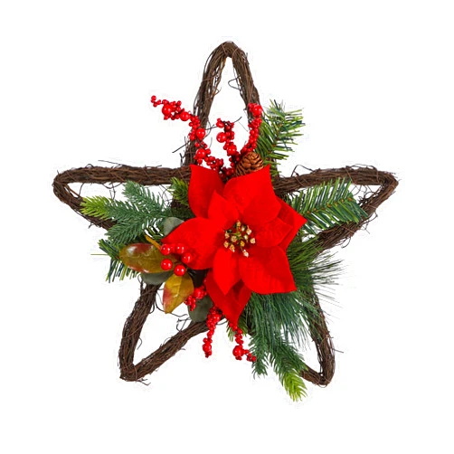 Nearly Natural 16in. Holiday Christmas Poinsettia Star Twig Wreath