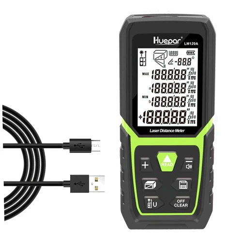 Huepar Laser Distance Meter 393Ft with Li-ion Battery & Electric Angle Sensor, Backlit LCD Laser Measure M/in/Ft with High Accuracy Multi-Measurement Modes, Pythagorean, Distance, Area&Volume