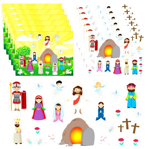 FaCraft Make an Easter He Lives Sticker Scenes-24 Easter Crafts for Kids Religious Gifts Jesus Resurrection Stickers for Classroom Party Games Spring Bible Christian Sunday School Crafts
