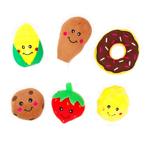 ZippyPaws - Burrows Replacement Miniz Assorted Foods 6-Pack - Plush Refills for Interactive Dog Toys for Boredom - Hide & Seek Dog Toys & Puppy Toys, Colorful Squeaky Dog Toys for Small & Medium Dogs