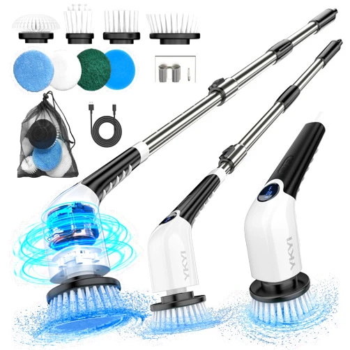 YKYI Electric Spin Scrubber,Cordless Cleaning Brush,Shower Cleaning Brush with 8 Replaceable Brush Heads, Power Scrubber 3 Adjustable Speeds,Adjustable & Detachable Long Handle,Voice Broadcast
