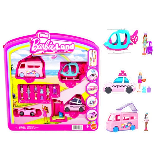 Barbie Mini Land 4-Pack, Set with 4 1.5-inch Mini Dolls, 4 Toy Vehicles & Themed Accessories, Includes DreamCamper