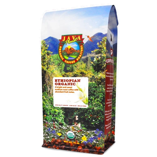 Java Planet Low Acid Coffee, Organic Ethiopia Single Origin: Whole Bean Medium Roast - Smooth Full Flavored Coffee Bean, 1LB Bag