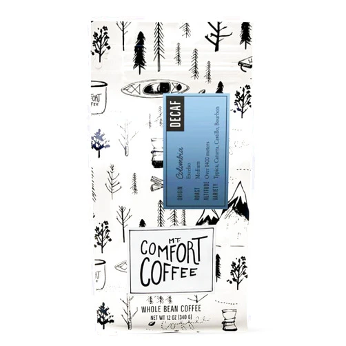 Mt. Comfort Coffee Decaf Colombia Medium Roast, 12 Ounce - Flavor Notes of Chocolate, Caramel and Tropical Fruit - Sourced From Small, Colombian Coffee Farms - Roasted Whole Beans