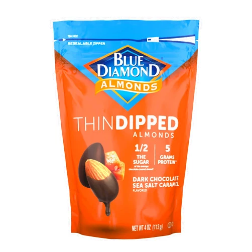 Blue Diamond Almonds, Dark Chocolate Sea Salt Caramel Covered Thin Dipped Snack Nuts for Guilt-Free Snacking with Half the Sugar, Perfect for Gathering, Holidays, or Craving a Sweet Treat, 4oz. Resealable Bag