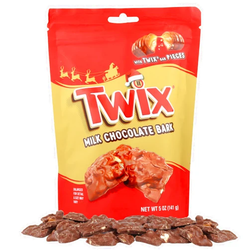 Morris National Inc Milk Chocolate Bark with Candy Bits, Festive Holiday Candies, Stocking Stuffer Treats, Resealable Bag, 5 Ounces (Twix)