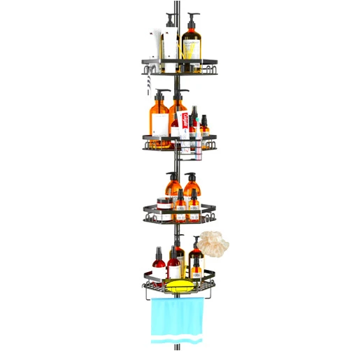 Pikorce Shower Caddy Corner Tension Pole Stainless Organizer for Bathroom, Rustproof 4 Large Shelves and 2 Small Basket for Bathtub Shampoo Accessories Storage, 23.6 to 114.5 Inch Height Adjustable (Black)