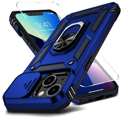 Muntinfe for iPhone 13 Case with HD Screen Protector & Slide Camera Cover & Rotated Ring Kickstand, [Military-Grade] Rugged Heavy Duty Protective Phone Case for iPhone 13 6.1 inch, Blue