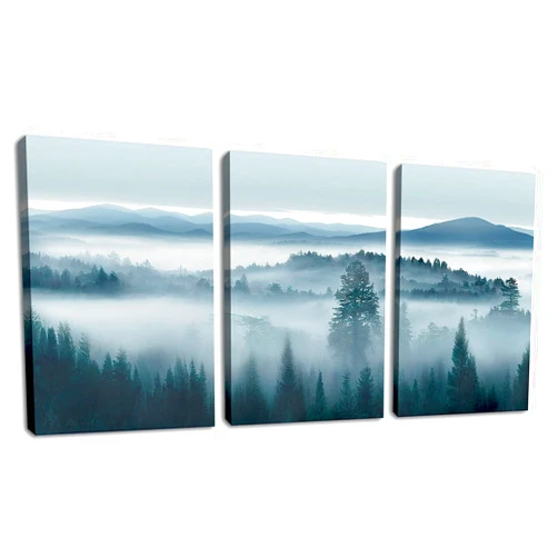 Tigeridge Foggy Forest Canvas Wall Art Indigo Misty Forest Pictures Blue Grey Abstract Mountain Trees Painting Artwork Nature Scene Canvas Art for Living Room Bedroom Home Office Wall Decor 12