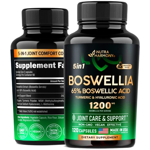 NUTRAHARMONY Boswellia Extract Capsules - Boswellia Serrata 1200mg, 65% Boswellic Acid - Joint Comfort & Health Support Supplement - w/Turmeric, Hyaluronic Acid, MSM & L-Methionine - Non-GMO, Vegan - 120 Capsules