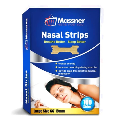MASSNER Nasal Strips for Snoring, Large 100 Pack - Extra Strength Anti Snoring Solution for Men, Women - Clears Air way to Breathe Better - Sleep Right, Snore Less - Stuffy Nose Relief for Congestion