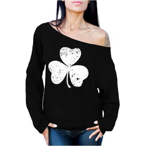 Awkward Styles Women's St. Patricks Day Shamrock Irish Clover Graphic Off Shoulder Tops Oversized Sweatshirt