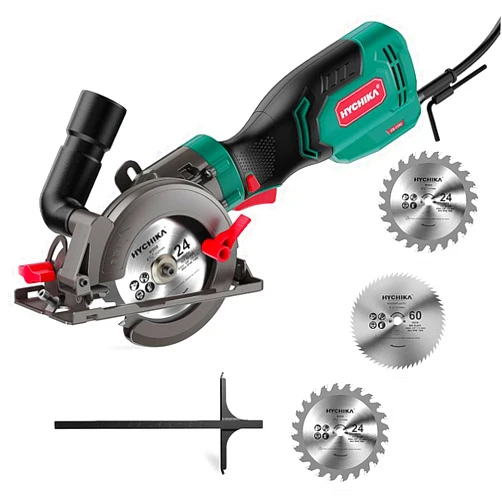 HYCHIKA BETTER TOOLS FOR BETTER LIFE Electric Circular Saw, HYCHIKA 6.2A Mini Circular Saw with 3 Blades(4-1/2”), Compact Hand Saw Max Cutting Depth 1-7/8'' (90°), Rubber Handle, 10 Feet Cord, Fit for Wood Soft Metal Plastic Cuts