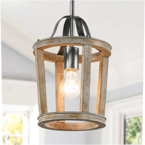 CFAGHOMEDESIGN Small Wooden Chandelier,1-Light Farmhouse Wood Pendant Light Hanging Ceiling Fixture,Handmade Antique Pendant Lighting for Kitchen Island,Foyer,Dining Room,Bedroom,Living Room