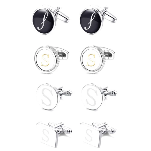 LOYALLOOK 4Pairs Men's Initial Letter Shirts Cufflinks Engraved Shirt Cufflink Alphabet Set Fashion Dazzle Tuxedo Cufflinks Business Wedding Father's DayGift