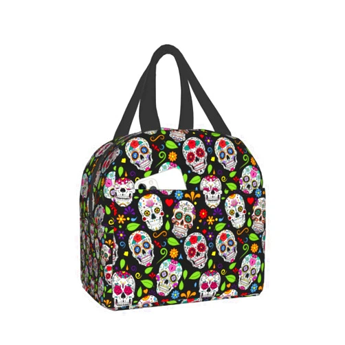 Qyopvli Sugar Skull Lunch Bag For Women Men Insulated Lunch Box Washable Cooler Tote Bag Reusable Lunch Bags For Office Work Picnic Beach