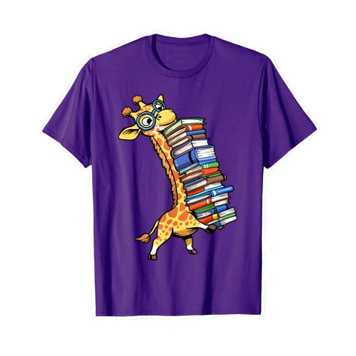 GoshWow Teacher Shirt Giraffe Holding Books Funny Bookworm Librarian T-Shirt