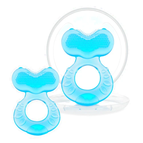 Nuby Soft Silicone Teether with Massaging Bristles | 2 Pack: Blue | 3m + | Travel Case Included