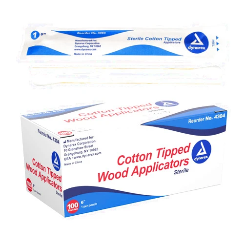 Dynarex 6-Inch Sterile Cotton Tipped Applicators - Single-Use Wooden Cotton Tip Applicators for Wound Care & Dressing, Hygiene, Makeup, Cleaning - 1 Box of 100 Pouches, 1 per Pouch