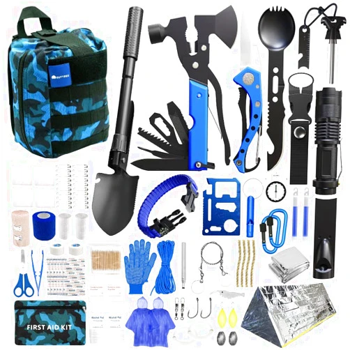 Outtrek Blue Camping Survival Kit 215 PCS First Aid Kit for Car, Camping Gear, Complete Survival Kit Set and Multitool Emergency Supplies with Backpack - Military Grade Equipment for Hiking Camping