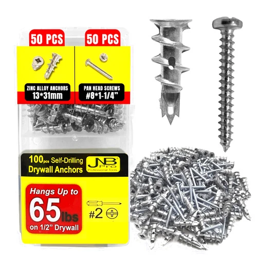 JNB Pro 100Pcs Zinc Dry Wall Anchors and Screws Kit Metal - 50 Pcs Self Drilling Anchors and 50 Pcs #8 x 1-1/4