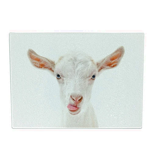 Lunarable Goat Cutting Board, Portrait of a Goat with Its Tongue out Animal Photography White Furry Mammal, Decorative Tempered Glass Cutting and Serving Board, Large Size, White Coral