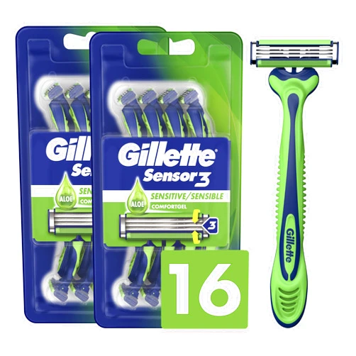 Gillette Sensor3 Sensitive Disposable Razors for Men, Enhanced Lubrastrip Glides Easily Over Your Skin, 8 Count (Pack of 2)