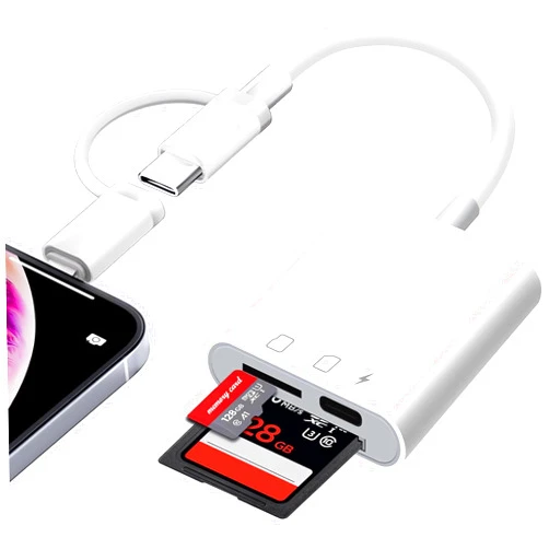 Denlane SD Card Reader for iPhone iPad Mac Dual Connector, Digital Camera Memory Card Adapter to iPhone with SD/Micro SD/Charging Slot, Lightning & USB C SD Card Viewer for Photography, Plug and Play