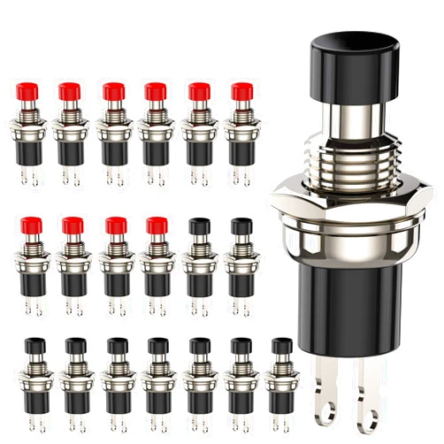 DIYhz Momentary Push Button Switch, 1A 250VAC SPST Mini Pushbutton Switches Normal Closed(NC) Black & Red Cap - 20pcs