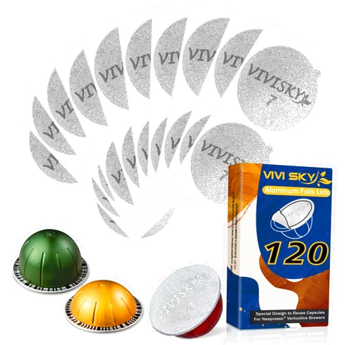 VIVI SKY 120Pcs Aluminum Foil Lids for Reusable Nespresso Pods Vertuoline, Coffee pods Seals Sticker Covers Compatible with Nespresso Vertuoline Reusable Pods Nespresso Refillable Capsules (120 Pack)