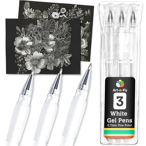 Art-n-Fly White Gel Pens For Black Paper | White Ink Pen for Artists 0.7mm Fine Point Tip | 3 Pack Jelly Roll Highlighter Pen For Drawing & Sketching 3 pack | Gelly Pens To Write on Black Paper