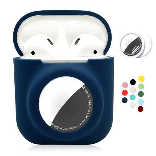 Enspito 2 in 1 Silicone Protective Skin Cover Compatible with AirPod 1&2 and AirTag, Soft Comprehensive Protective Case with 2 PCS TPU Screen Protector, Anti-Scratch Anti-Fall Anti-Lost(NavyBlue)