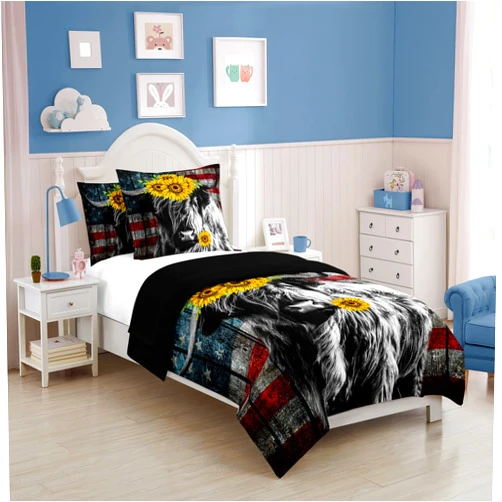 SW SETWIER Animals American Flag Cattle Comforter Set Full Size, Farm Flower Cow Duvet for Kids Boys Girls Teens, Wildlife Bedding Set Quilted with 2 Pillowcase Bedroom Decor