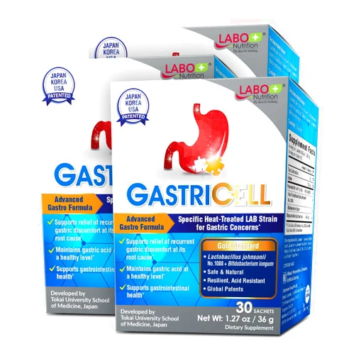 LABO Nutrition GASTRICELL - Target H. Pylori, Acid Reflux, Heartburn, Gastric Acid - Addresses Recurring Gastric Problems, Natural Defence Against Gastric Distress 30 sachetsx3