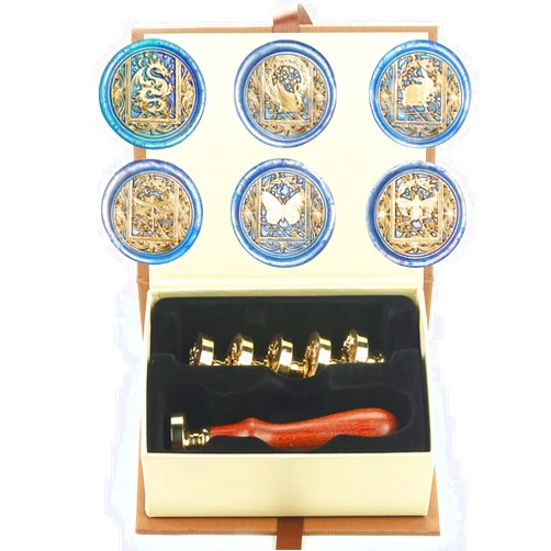 HOSAIL Wax Seal Stamp Set, 6 Pieces Starry Cat Dragonfly Dragon Butterfly Bee Rabbit Flower Sealing Wax Stamps Gift Kit with 6 Brass Head + 1 Wooden Handle (K1)