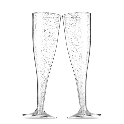 Munfix 100 Pack Plastic Champagne Flutes 5 Oz Silver Glitter Clear Plastic Toasting Glasses Disposable Wedding Thanksgiving Party Cocktail Cups