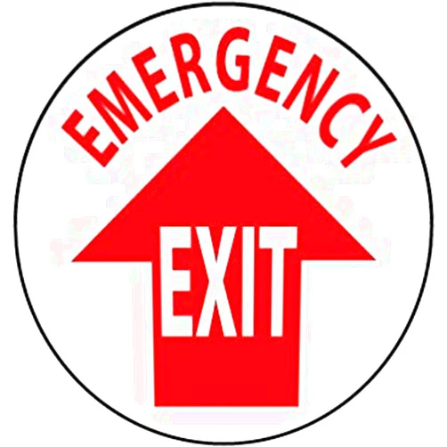 NMC WFS25 EMERGENCY EXIT Walk on Floor Warning Sign with Arrow Graphic -17 in. Diameter Pressure Sensitive Vinyl Sign with Red on White
