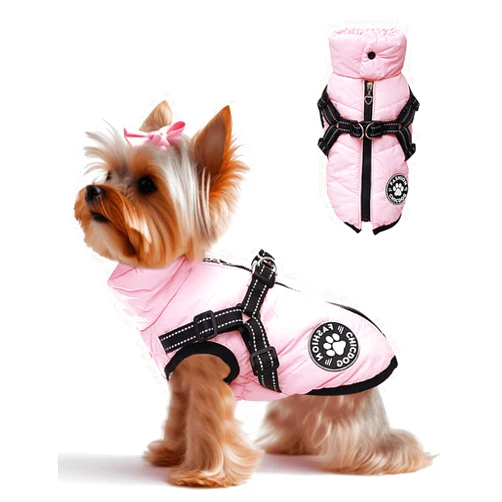 AOrgzhm Dog Winter Jackets for Small Dogs, Dog Cold Weather Coat with Built in Harness Hole, Fleece Dog Clothes Reflective & Water Resistant with Zipper on Back Pink M