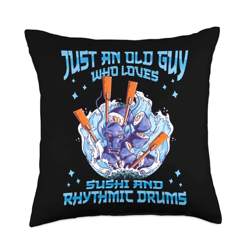 Dragon Boat Racing Designs for Rowers and Paddling Tis Old Guy Loves Rhythmic Drums and Sushi Dragon Boat Throw Pillow, 18x18, Multicolor
