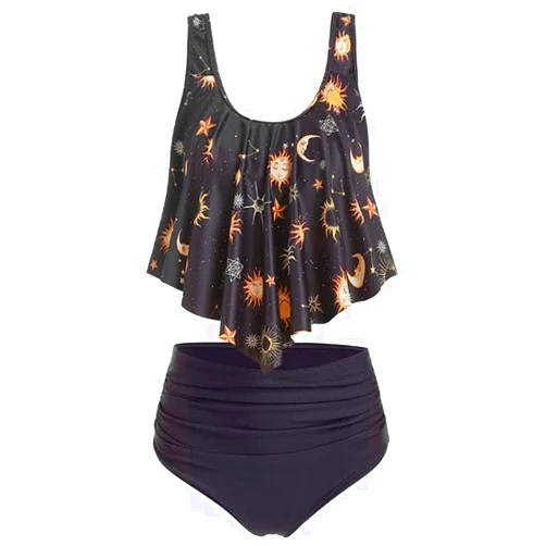CNSTORE Women's Two-Piece Bathing Suits Sun Star Moon Print Lattice Swimsuit High Waisted Tankini Swimwear