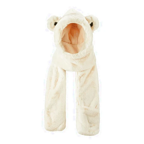 OHRAIN Warm Bear Hoodie Hat/Scarf/Gloves Set for Women Soft Plush Thick Hat Long Scarf Mitten 3-in-1 Multi-Functional Combo