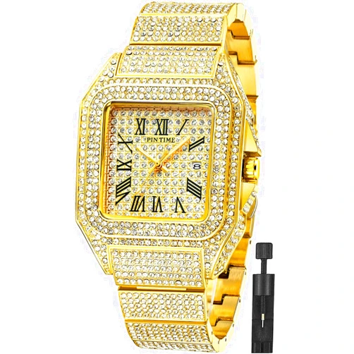 Gosasa Fashion Hip Hop Men's Crystal Watch Bling Bling Watch Rectangle Case Stainless Steel Quartz Analog Bracelet Wristwatch